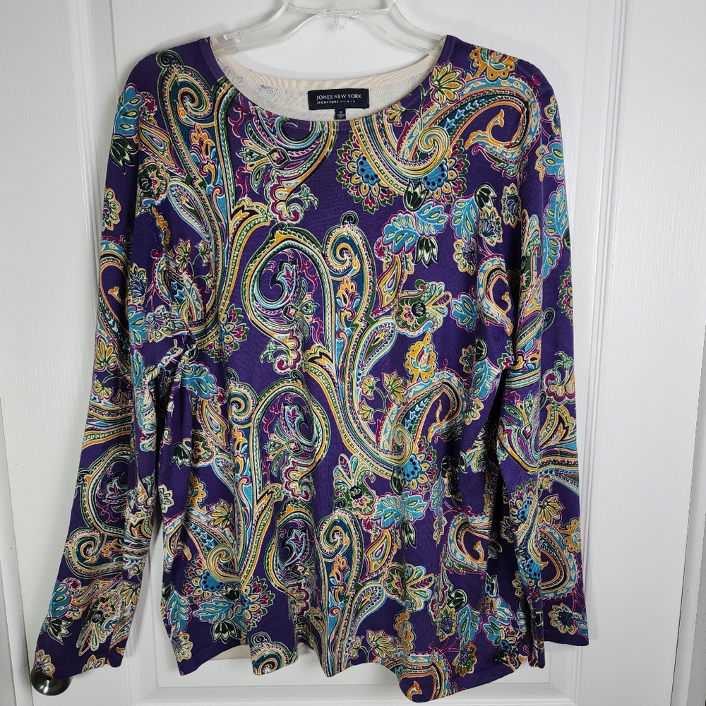 Womens Jones New York Silk Blend Sweater Size 1X Paisley Floral Purple